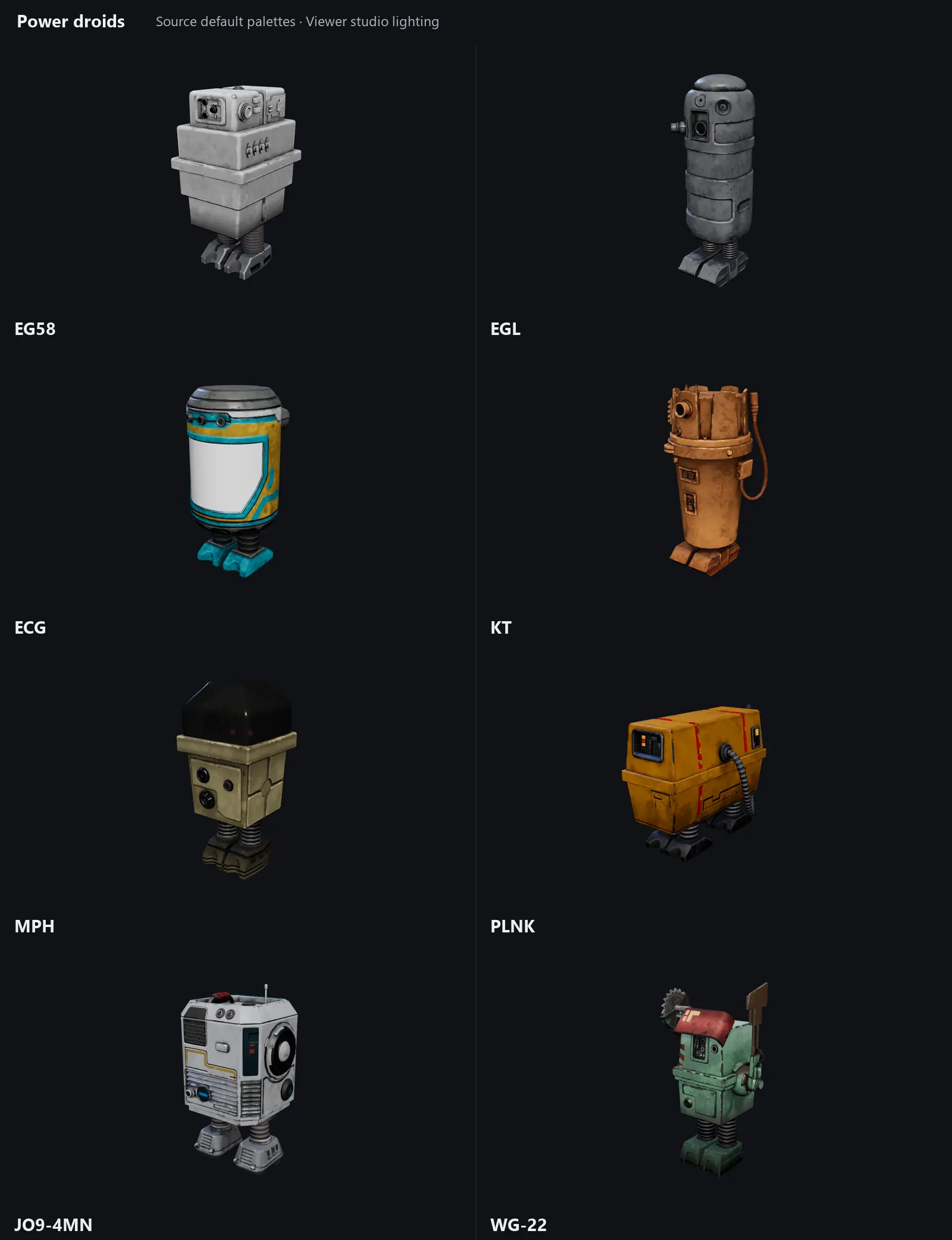 Eight power droid models with their default colors and identifying labels.