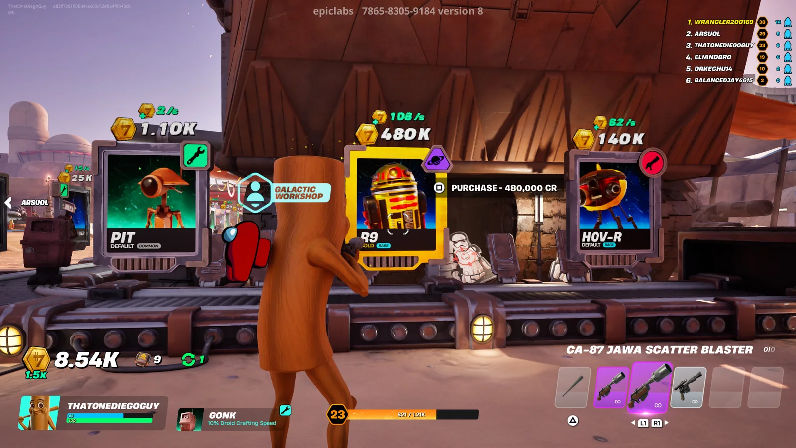 Droid Tycoon Sandcrawler conveyor showing Worker, Astromech, and Battle blueprint cards